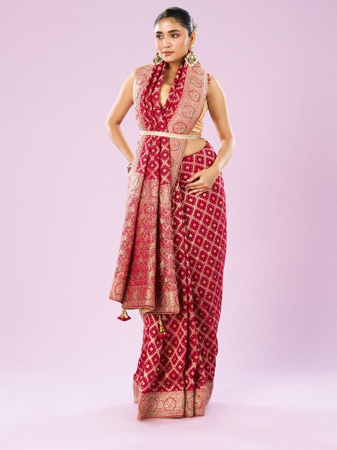 Ethnic Motifs Woven Design Beads and Stones Saree