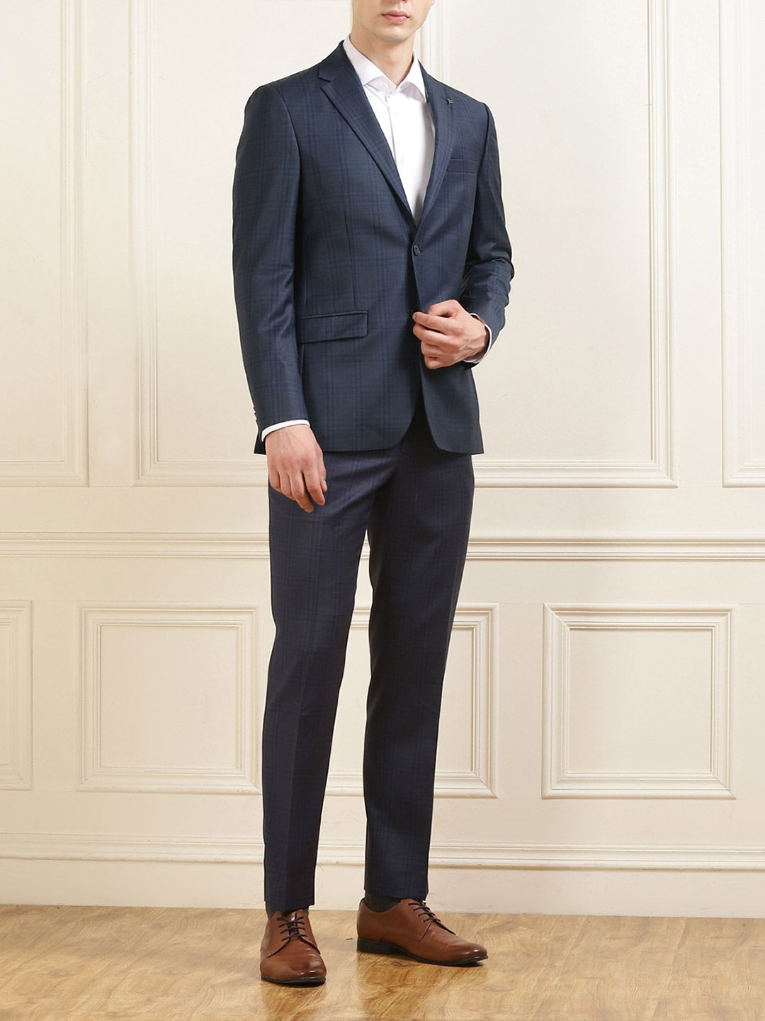 Checked Notched Lapel Collar Single-Breasted Woolen Formal Blazer