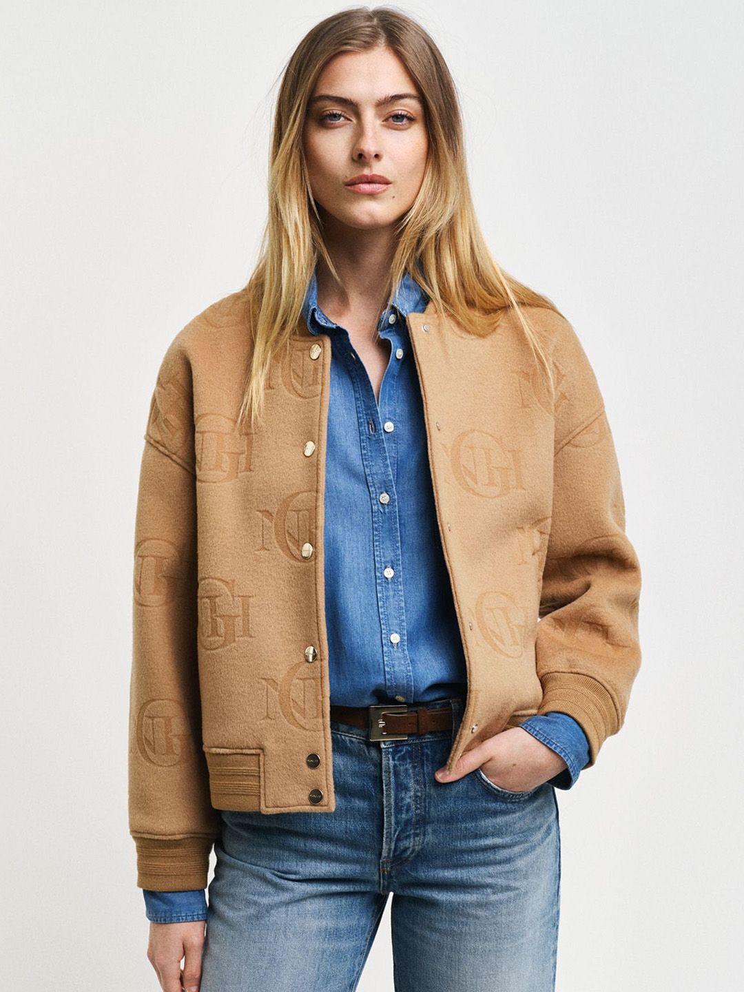 Women Floral Woollen Crop Bomber Jacket