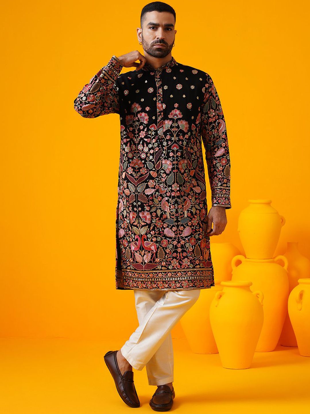 Floral Embroidered Sequinned Mandarin Collar Straight Georgette Kurta