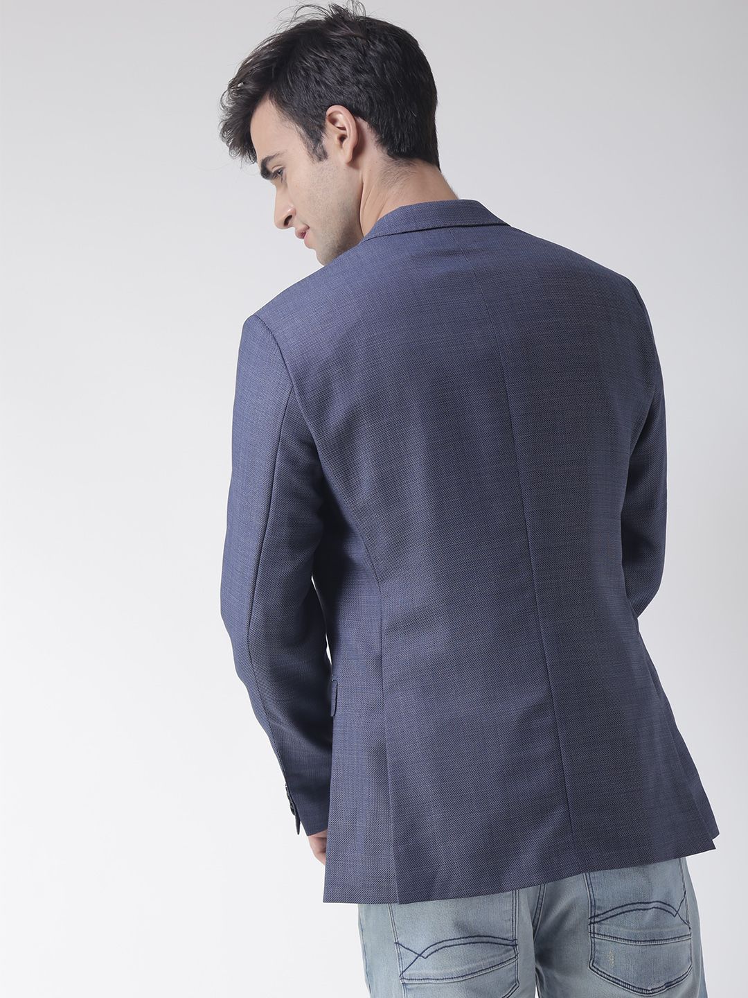 Men Blue Textured Single-Breasted Woollen Casual Blazer - Image 4