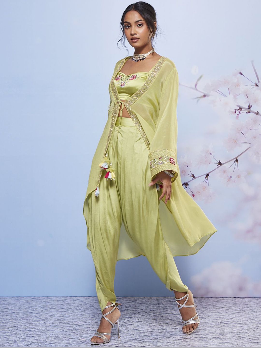 Embroidered Shoulder Strap Neck Top With Trouser Co-Ords With Shrug - Image 3