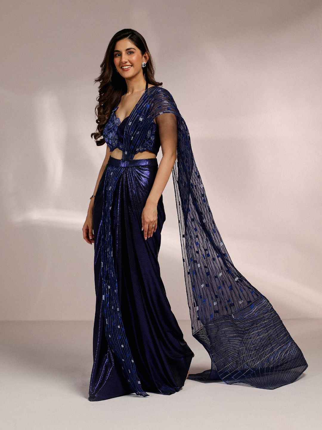 MONI K LABEL Embroidered Striped Ready to Wear Saree