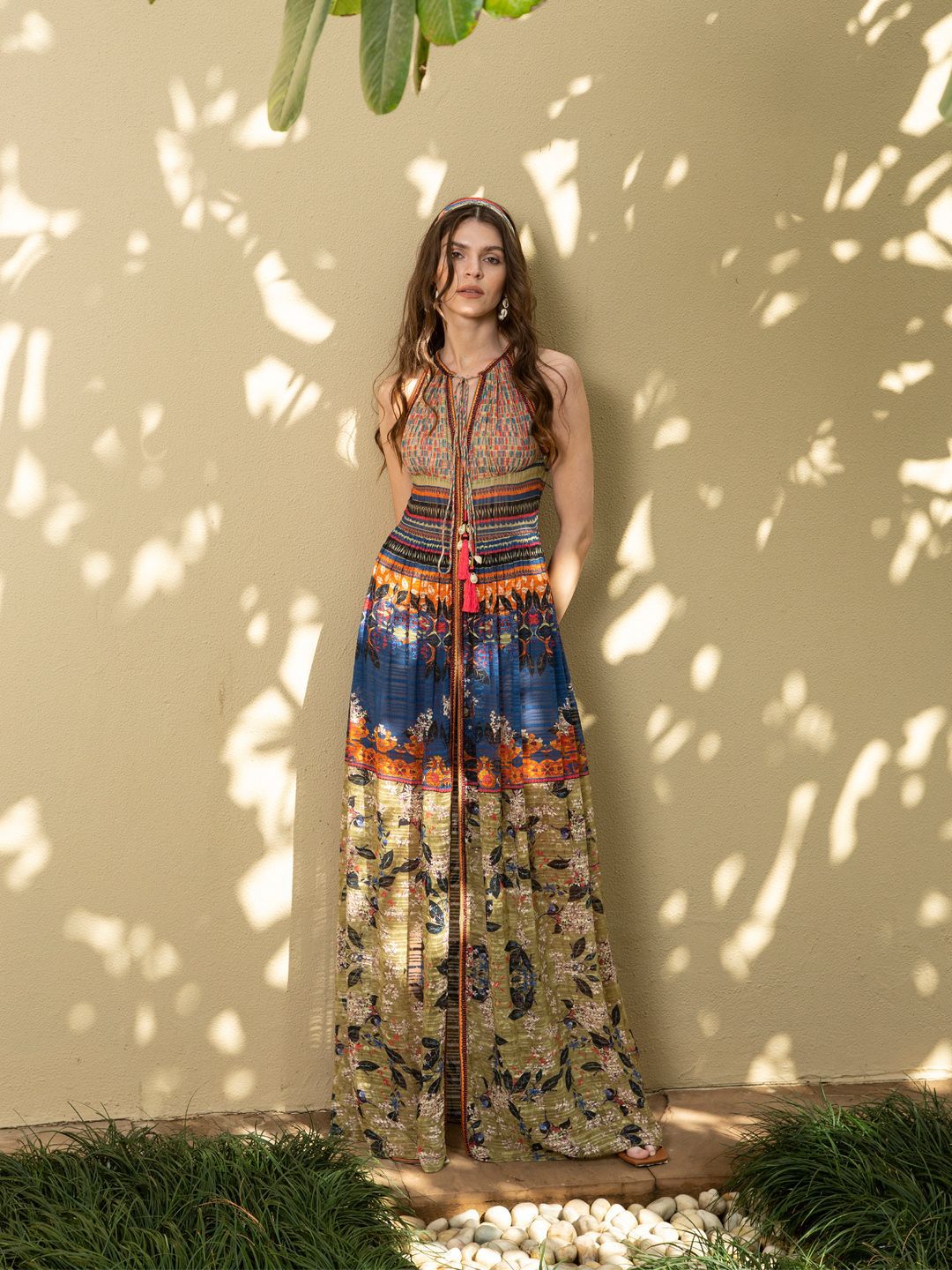 Bhanuni Floral Printed Tie-Up Neck Maxi Dress