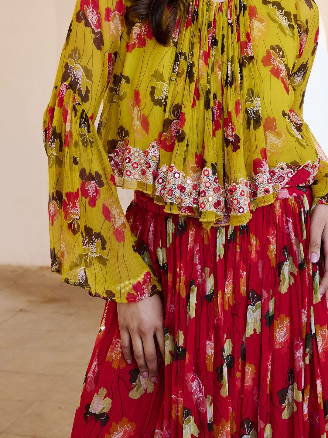 Gulbahar Bumble Bee Boho Floral Printed Round Neck Top With Skirt - Image 2