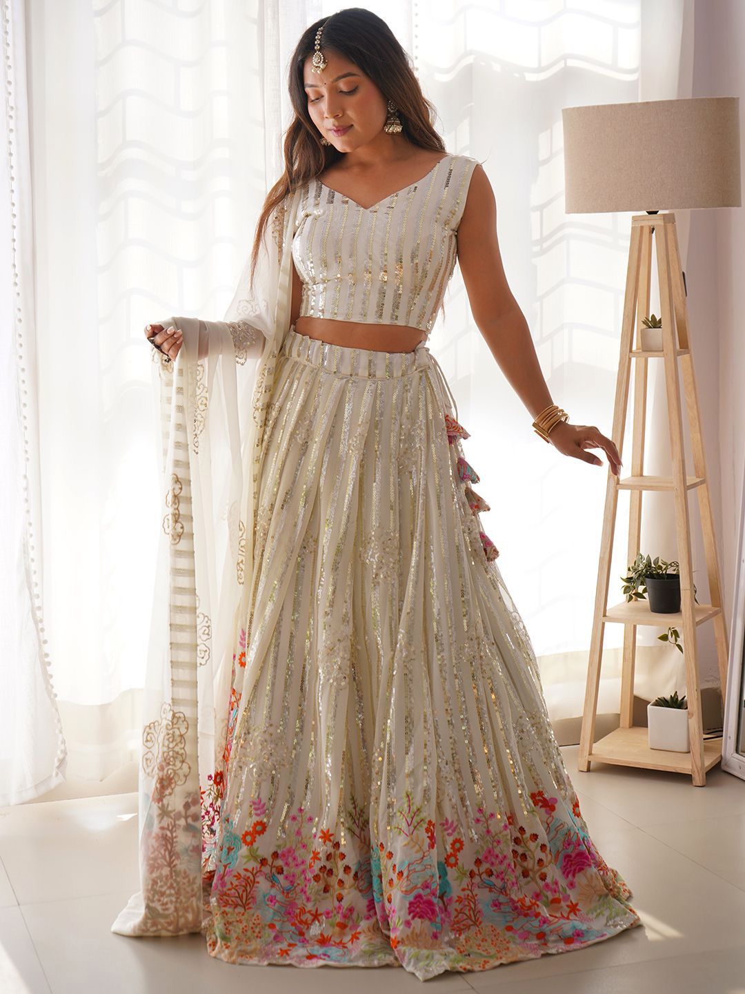 Panzora Embroidered Sequinned Semi-Stitched Lehenga & Unstitched Blouse With Dupatta