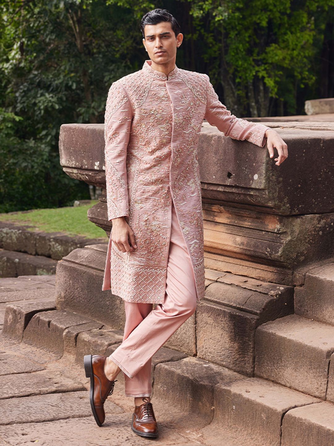 Men Embroidered Band Collar Sherwani Set