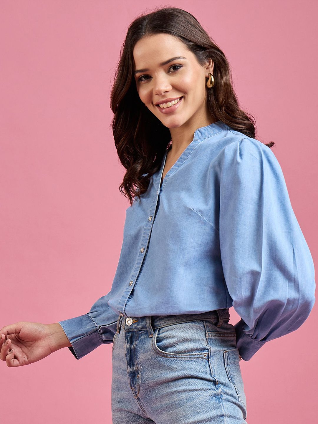 Women Classic Mandarin Collar Solid Denim Casual Shirt - Image 2