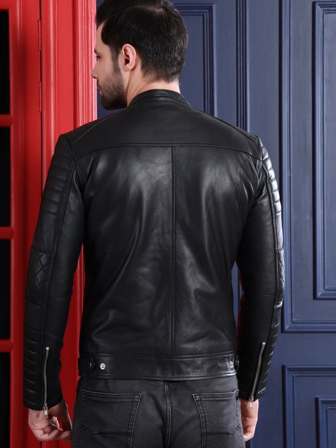 Mandarin Collar Water Resistant Leather Jacket - Image 3