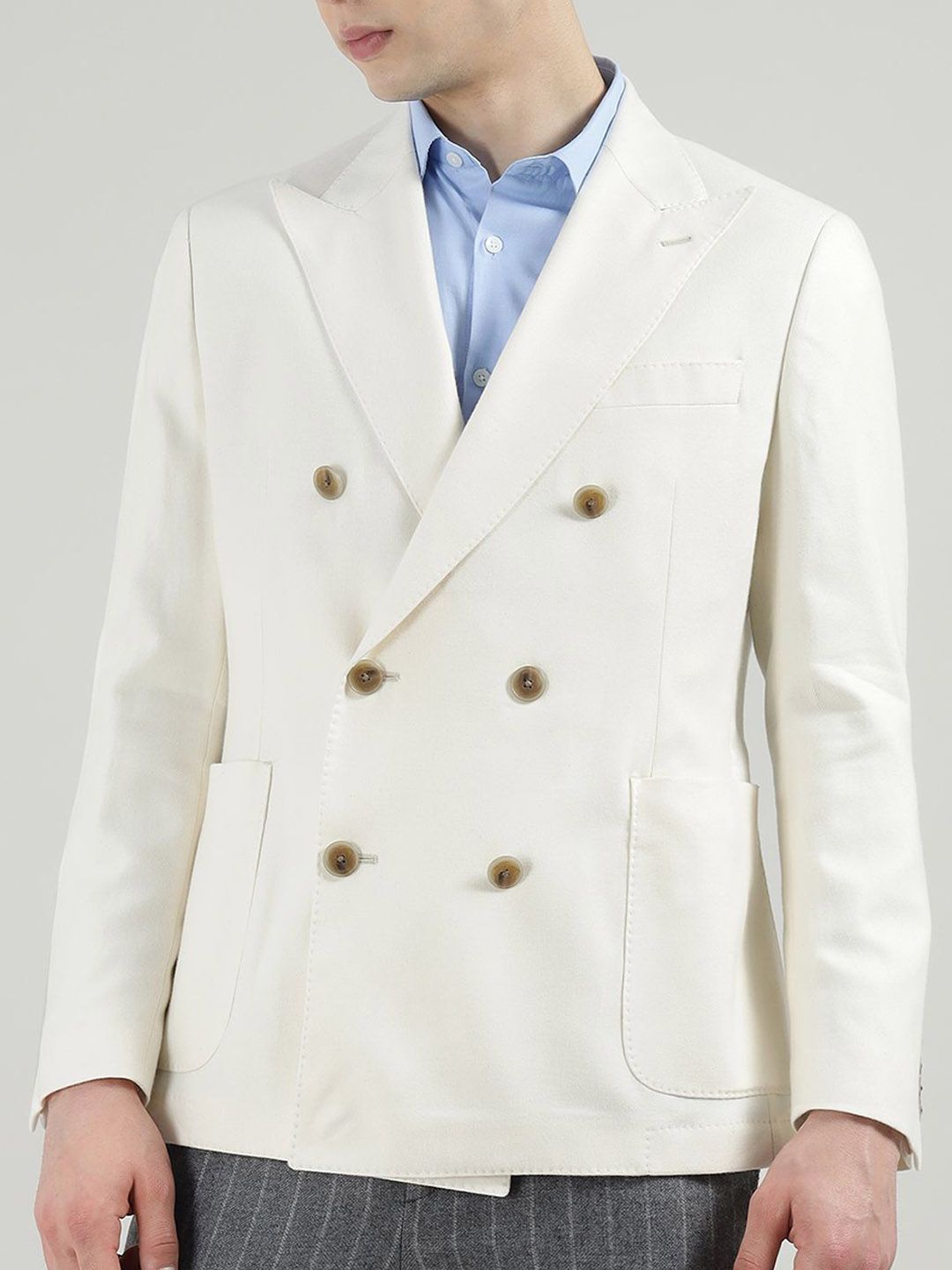 Notched Lapel Structured Shoulder Slim-Fit Double Breasted Cotton Blazers - Image 3