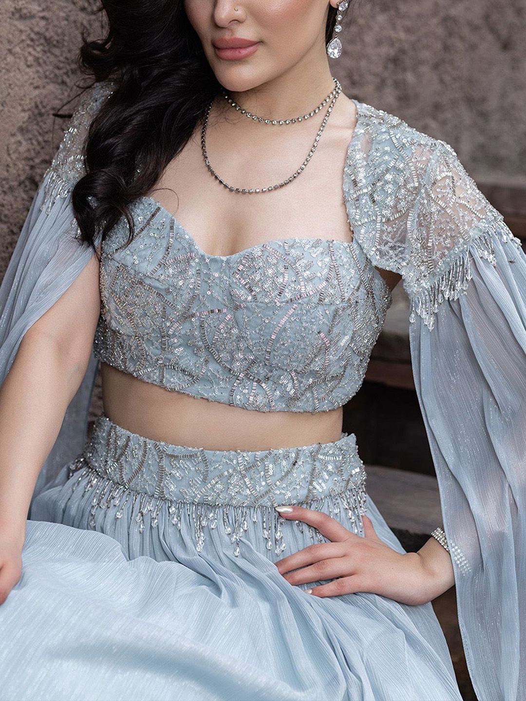 MABISH LUXE Embroidered Beads & Stones Ready To Wear Lehenga & Blouse With Cape Dupatta - Image 2