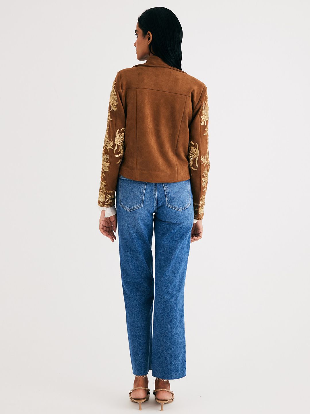 Women Floral Embroidered Suede Biker Jacket - Image 3