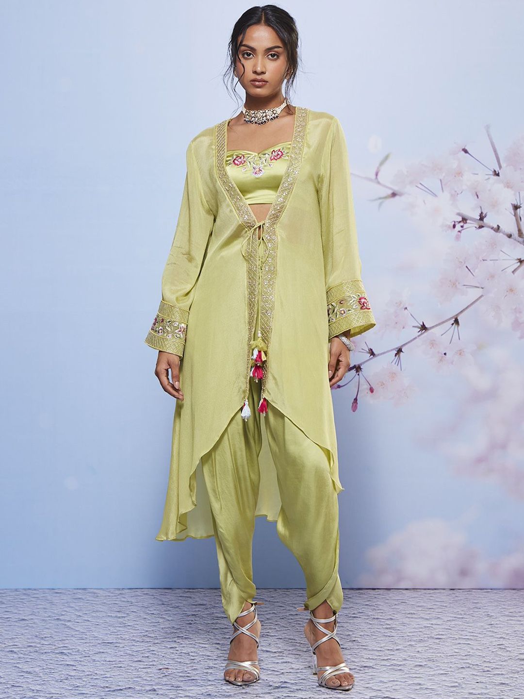 Embroidered Shoulder Strap Neck Top With Trouser Co-Ords With Shrug