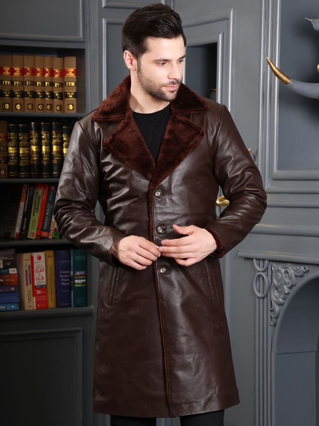 Devoted Men Solid Leather Longline Leather Jacket With Faux Fur Trim - Image 2