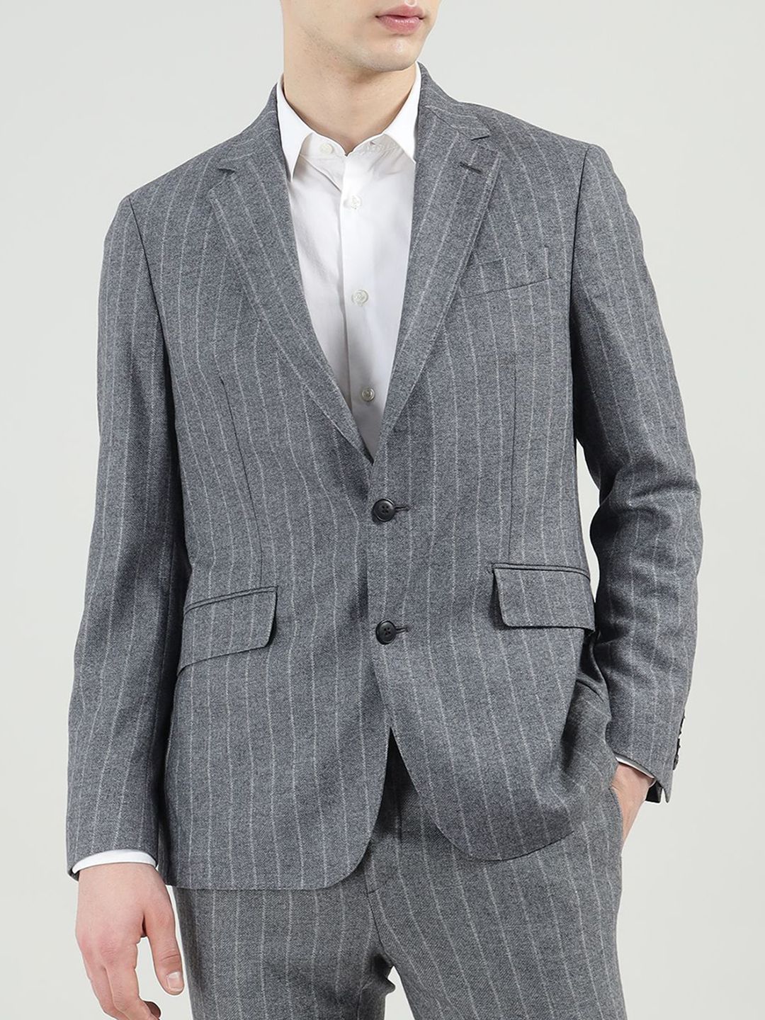 Men Striped Notched Lapel Woolen Open Front Blazers - Image 3