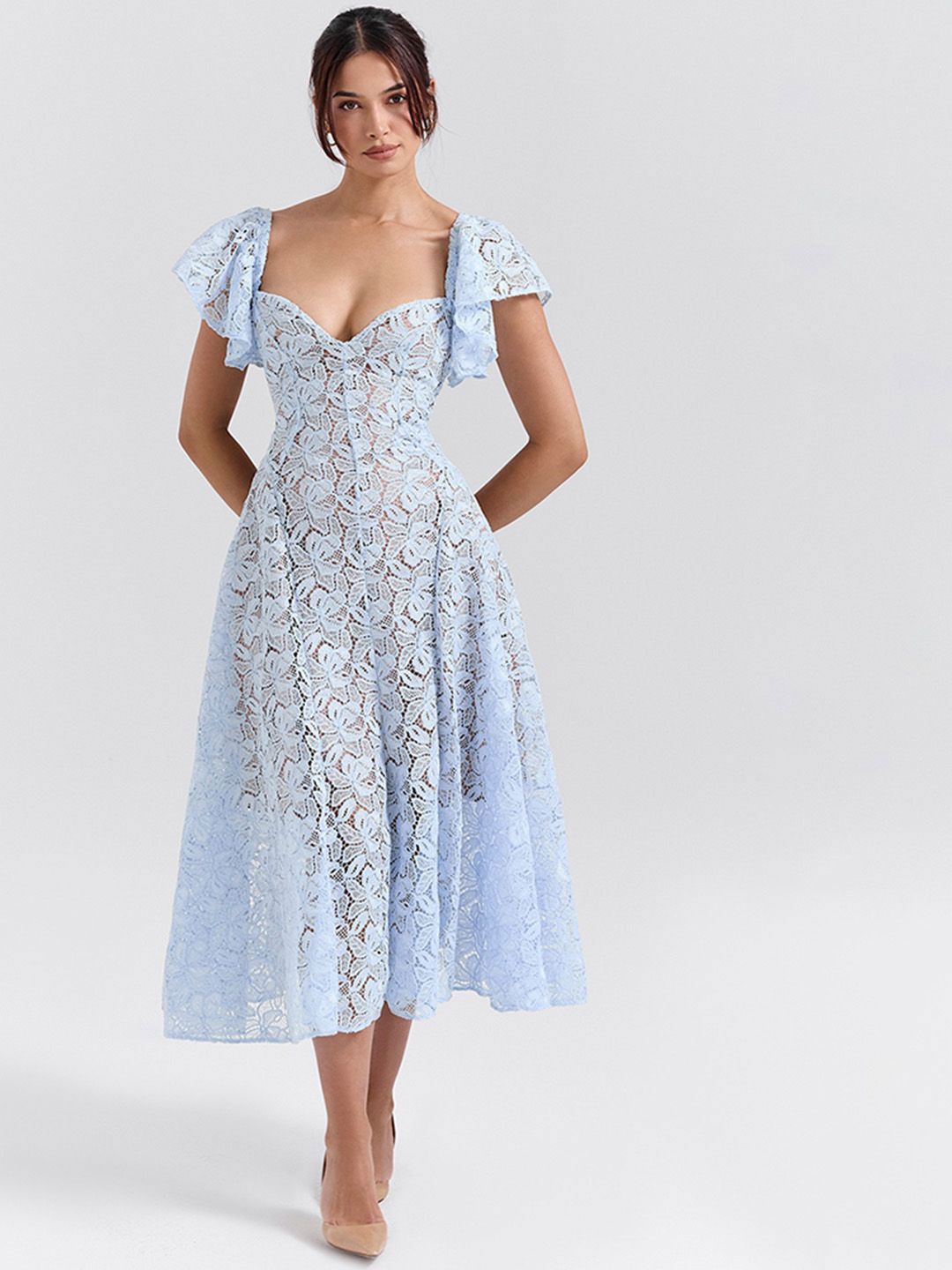 Flutter Sleeve Fit & Flare Midi Dress