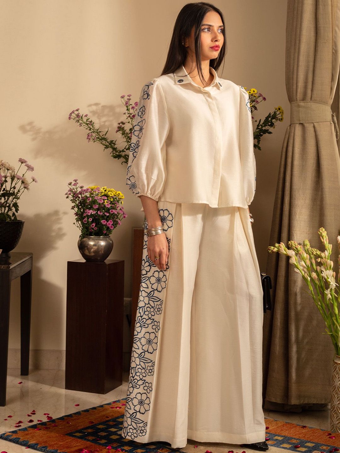 Embroidered Shirt Collar Shirt & Trousers Co-Ords