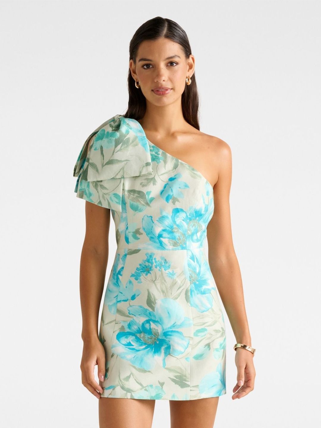Women Floral Print One Shoulder A-Line Mini Dress