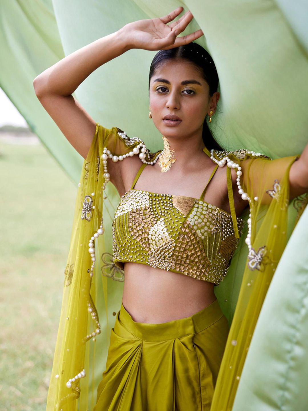 Embroidered Crop Top & Skirt With Jacket - Image 2