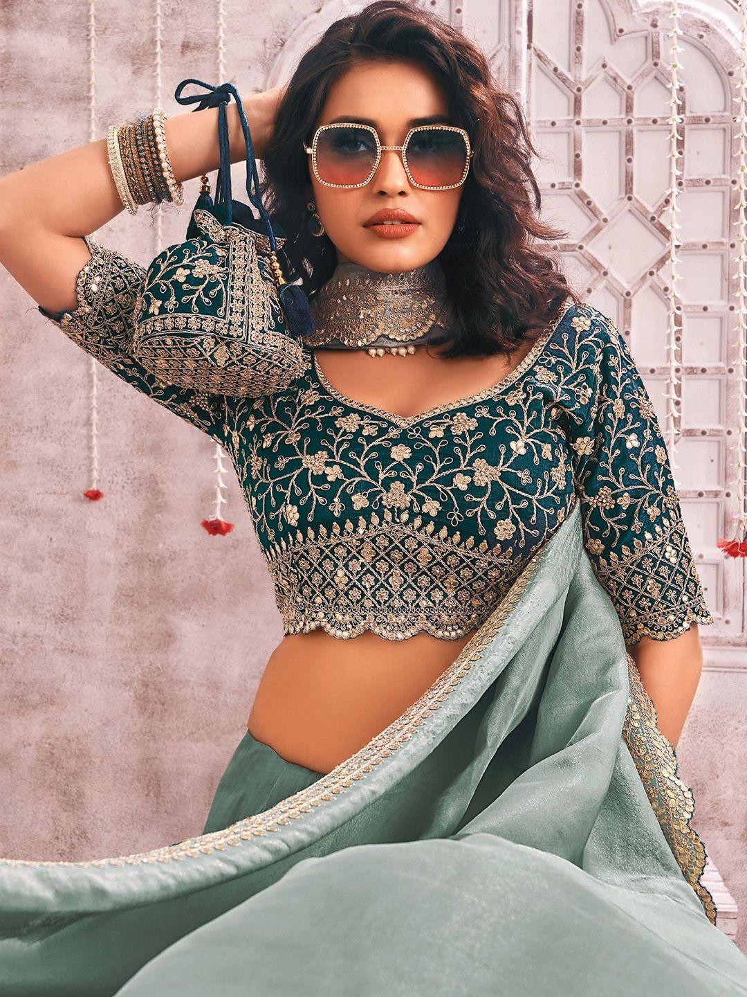 Embellished Sequinned Organza Kanjeevaram Saree - Image 4