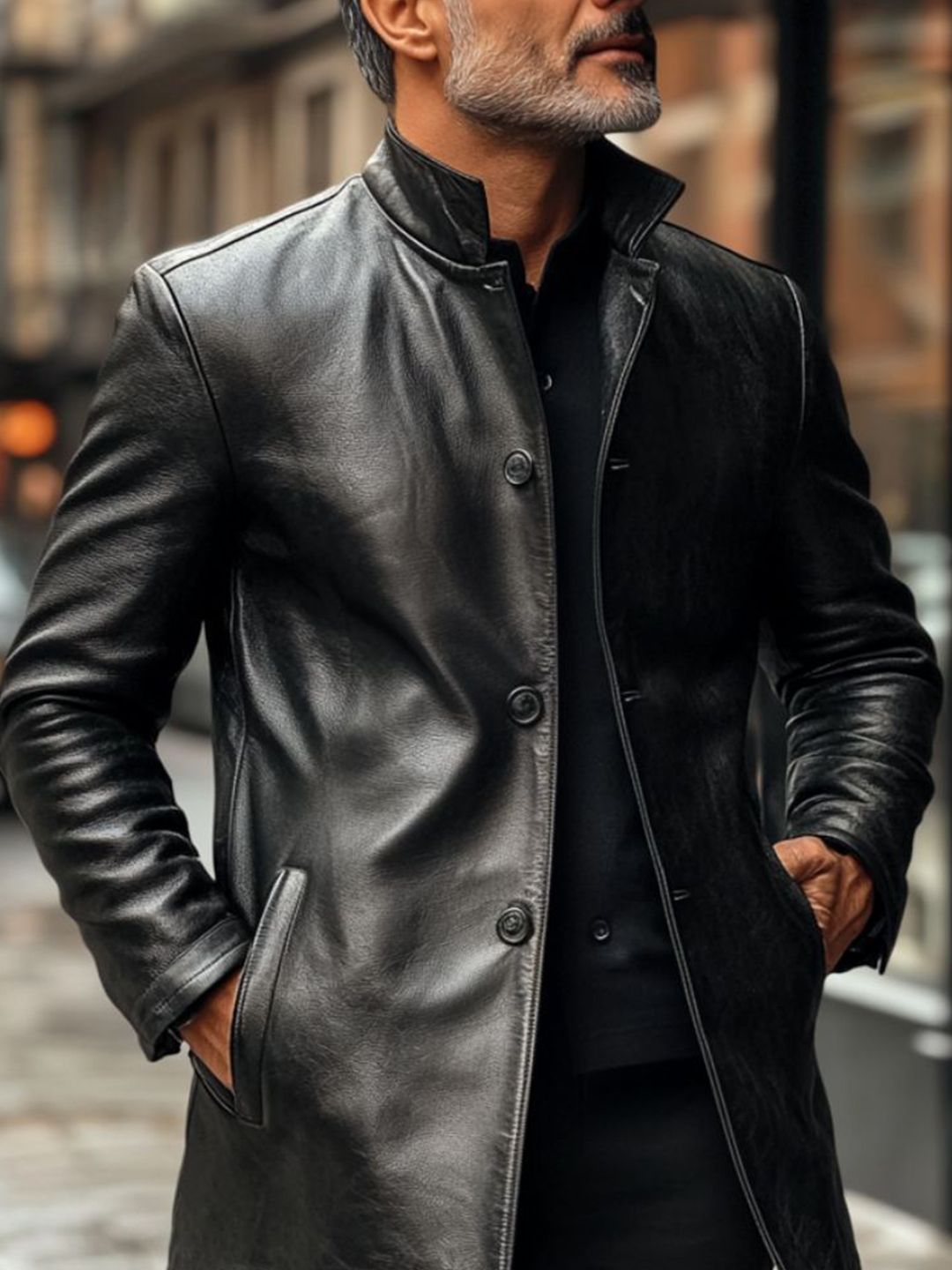 Devoted Men Mock Collar Solid Leather Jacket - Image 3
