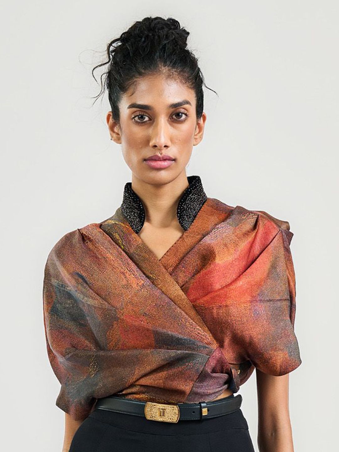 Printed Linen Cuffed Sleeves Wrap Top - Image 2