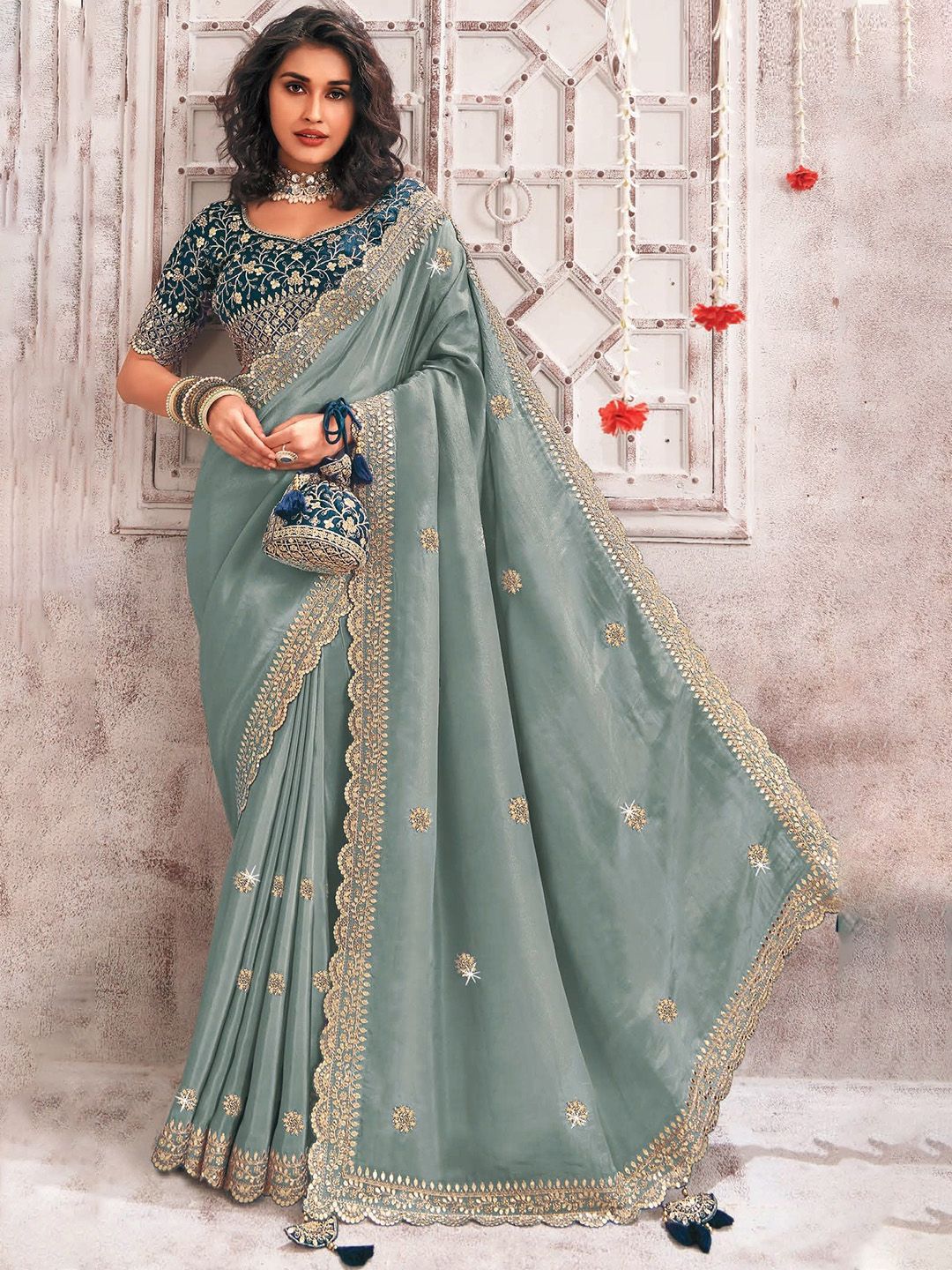 Embellished Sequinned Organza Kanjeevaram Saree