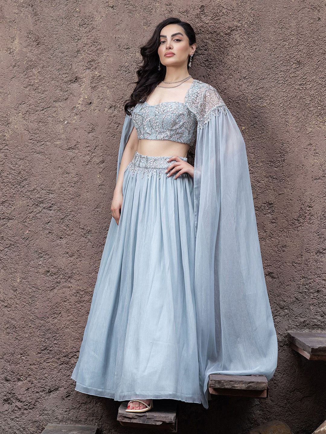 MABISH LUXE Embroidered Beads & Stones Ready To Wear Lehenga & Blouse With Cape Dupatta