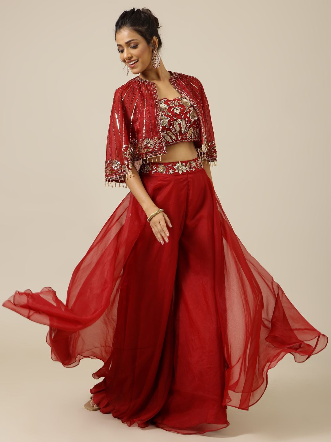 Shreeka Embellished Crop Top & Palazzos With Cape
