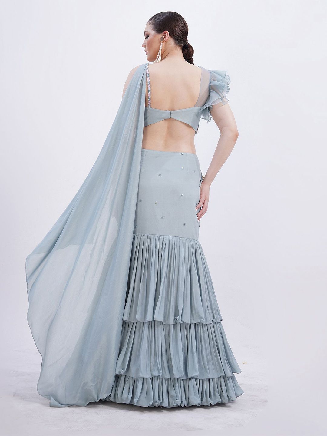 MERGE DESIGN Embellished Beads & Stones Pure Chiffon Lehenga Saree - Image 3