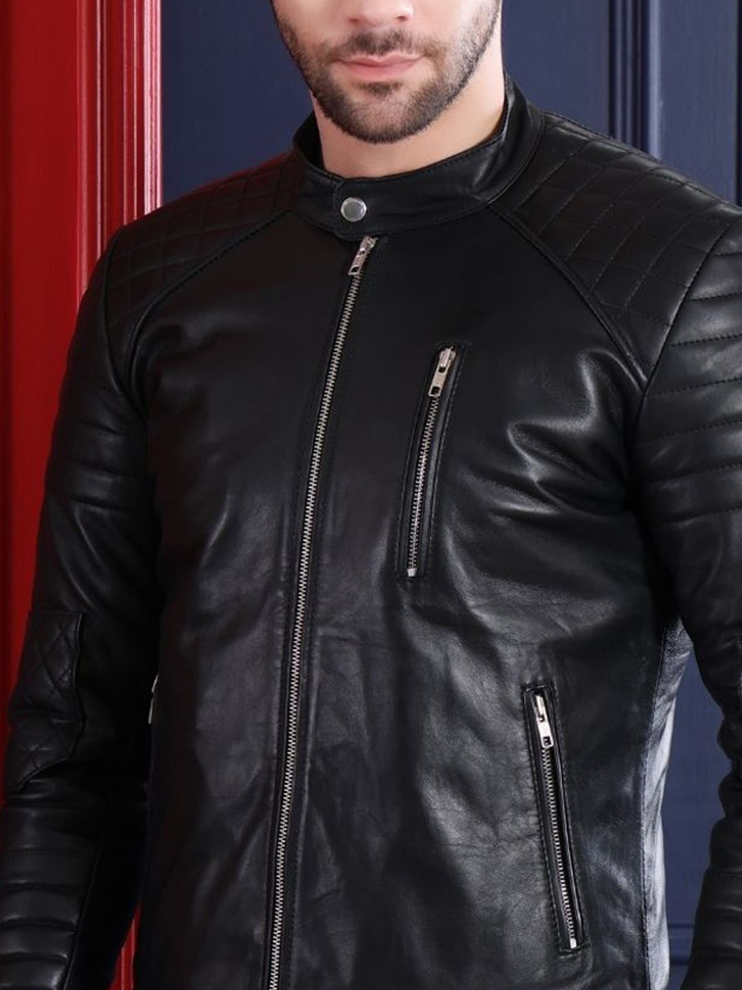 Mandarin Collar Water Resistant Leather Jacket - Image 2