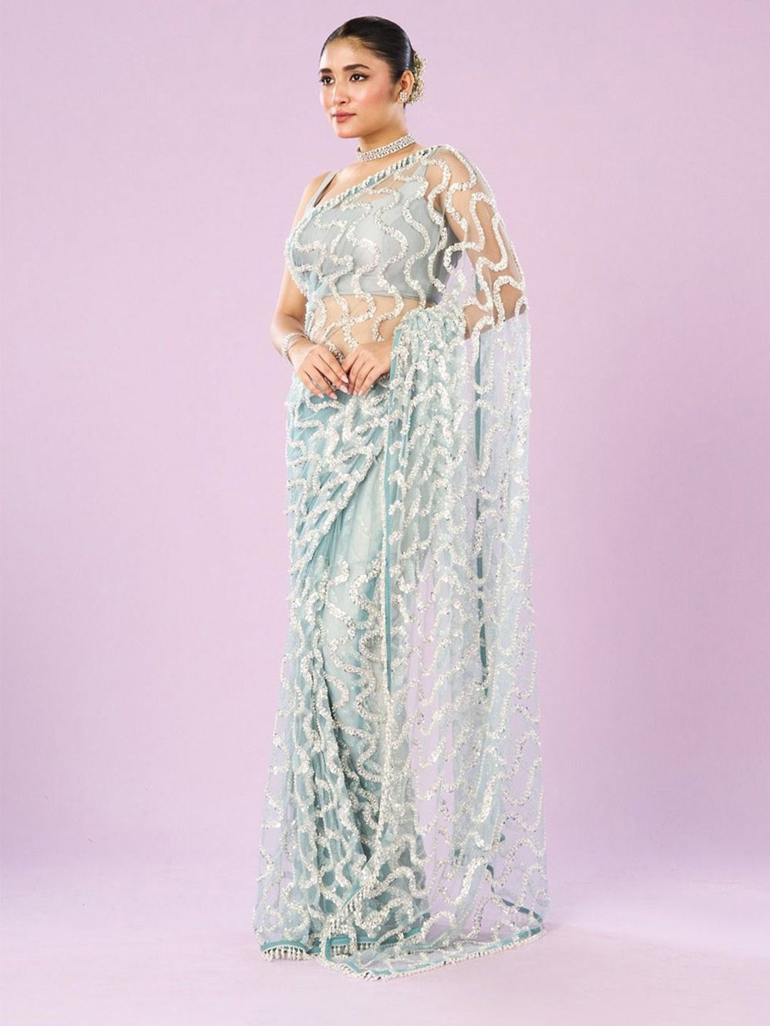 Embellished Sequinned Net Saree - Image 2