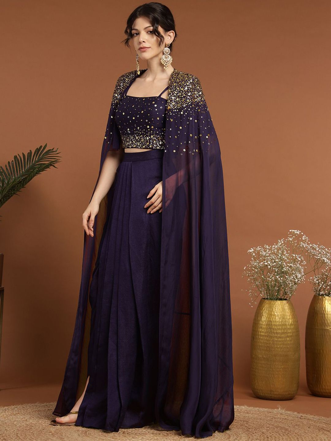 RIRASA Embroidered Pure Silk Shoulder Straps Top & Skirt With Cape - Image 3