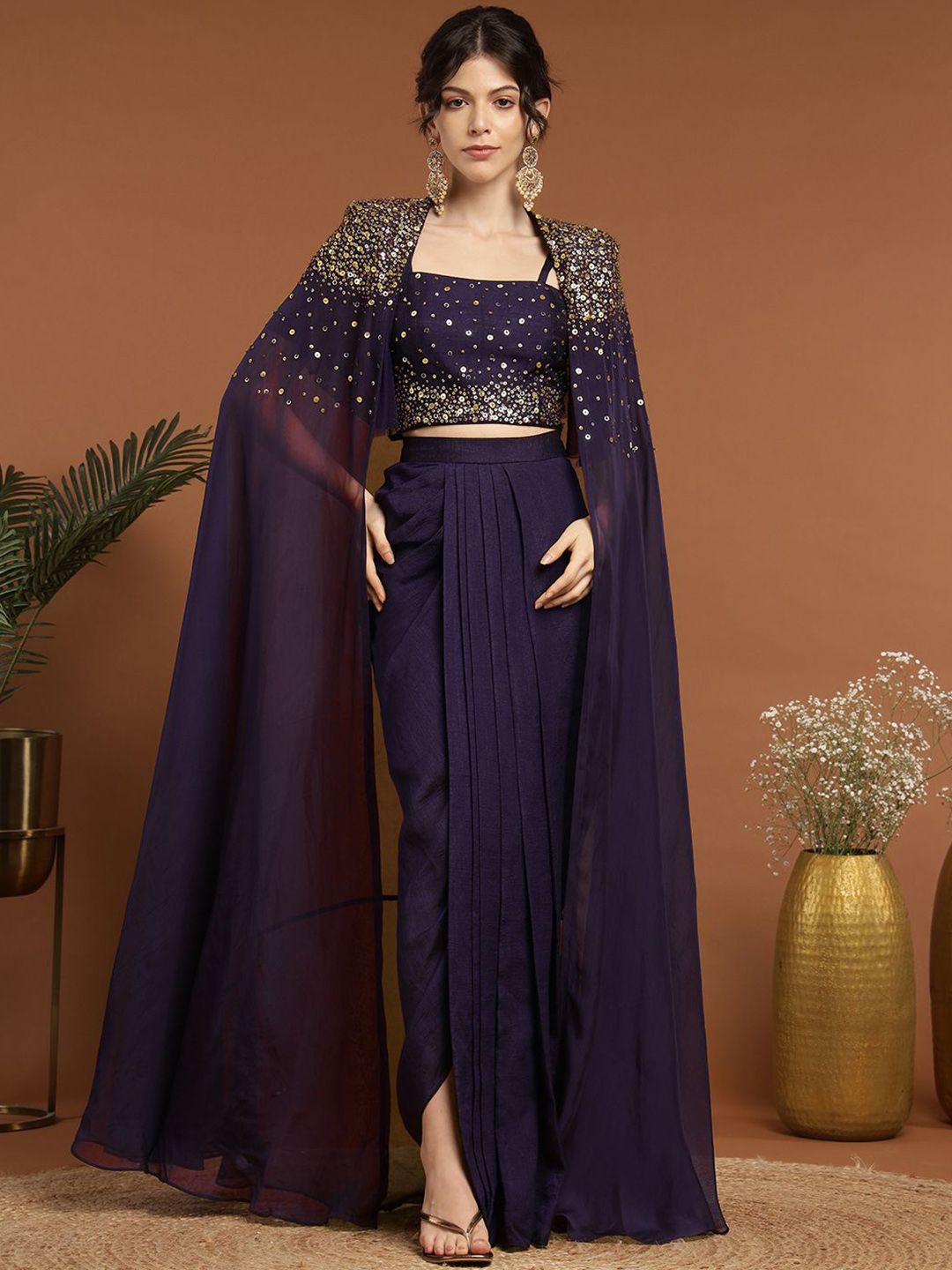 RIRASA Embroidered Pure Silk Shoulder Straps Top & Skirt With Cape