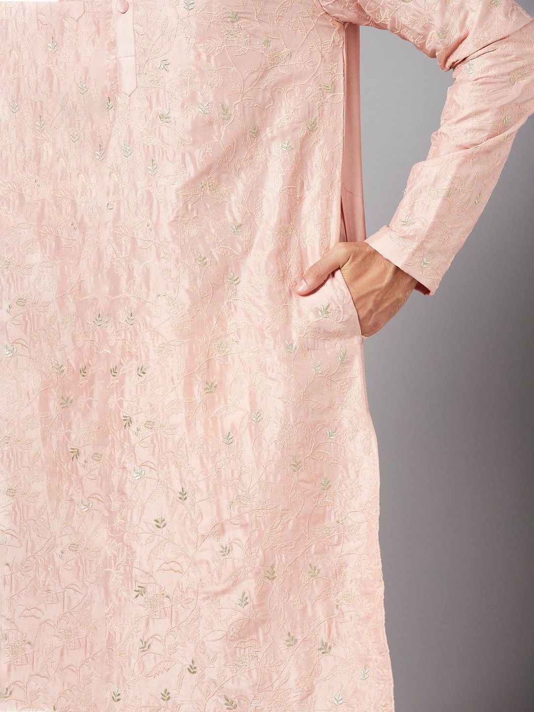 HILO DESIGN Floral Embroidered Mandarin Collar Thread Work Straight Silk Kurta - Image 2