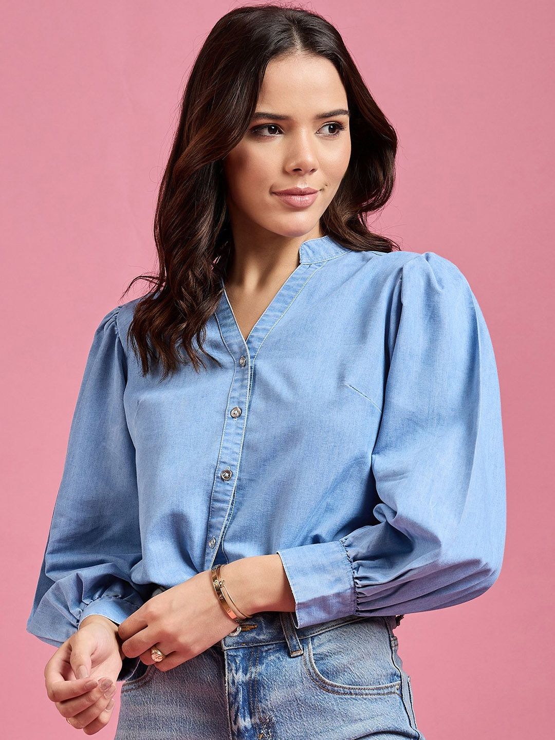 Women Classic Mandarin Collar Solid Denim Casual Shirt